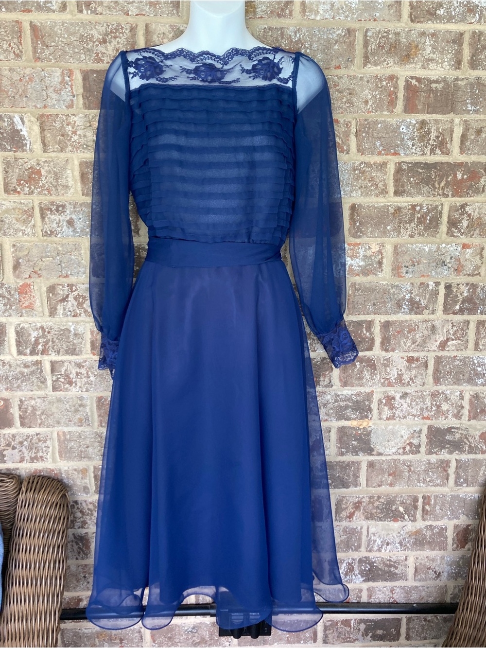 Vintage 1970’s  blue navy belted chiffon dress midi lace size small